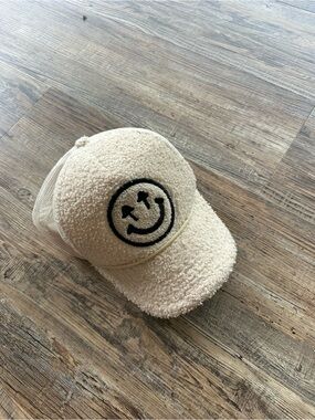 Cream Sherpa Smiley Baseball Cap